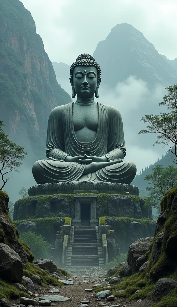 a large unfinished buddha statue,in the mountains,dramatic landscape,detailed architecture,dramatic lighting,cinematic composition,mist and fog,ancient ruins,mossy stones,detailed carving,detailed texture,weathered stone,dramatic shadows,volumetric lighting,dramatic colors,awe-inspiring scale,intricate details,ultra-detailed,8k,photorealistic,dramatic atmosphere,epic scale,stunning scenery,dramatic mood,cinematic angles,professional lighting,vivid colors