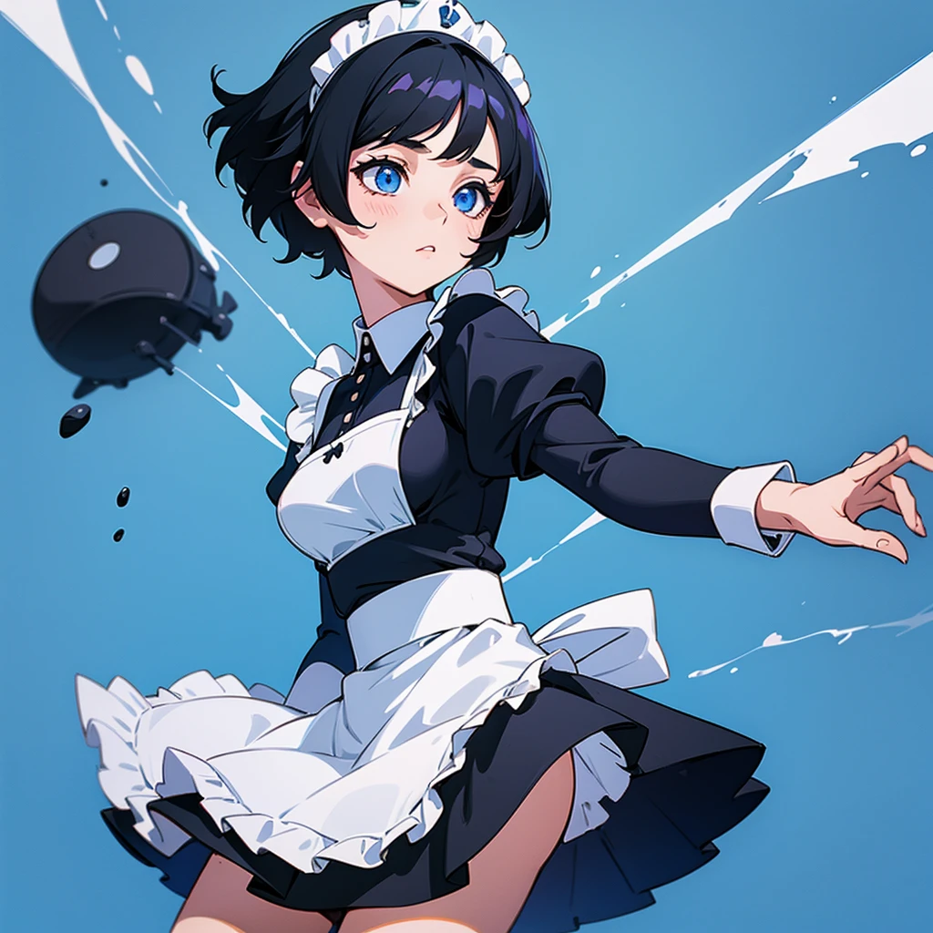 A girl with short black hair in a maid outfit on a blue background