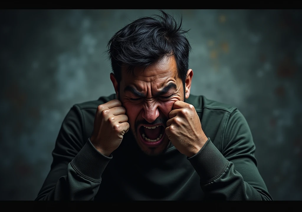 An YouTube thumbnail about dealing with anger. An angry person is devastated , add text "How to Deal with anger"