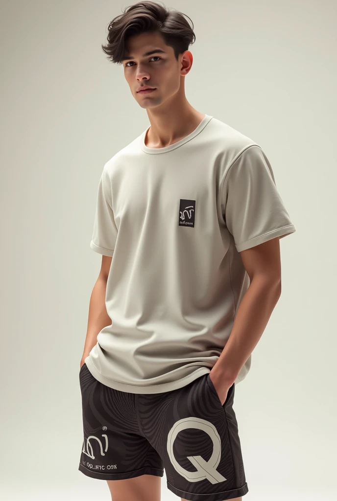 A men wearing down shoulder tshirt and shorts of Qunoon branding
