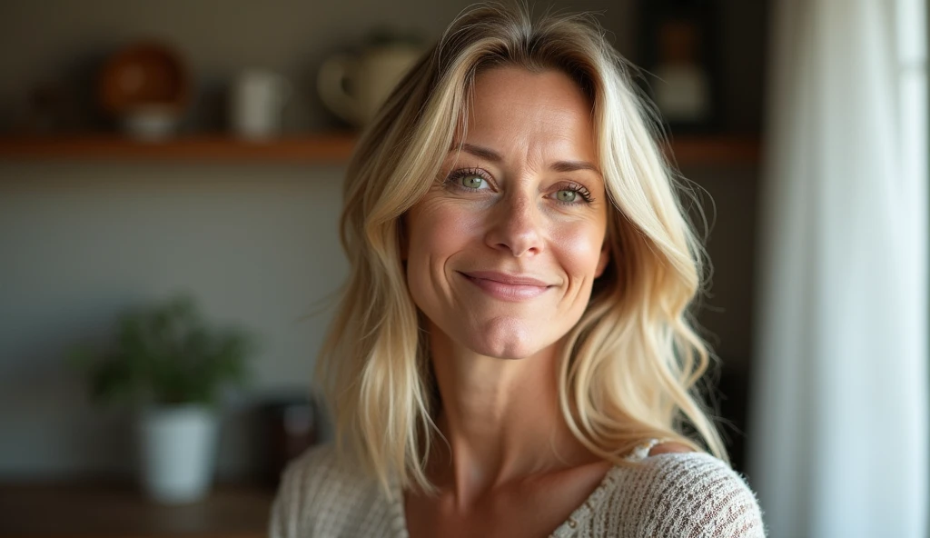 ((( 40 year old woman ))),((( hair blonde,Scandinavian,light green eyes,light brown skin )))dappled,girl next door,Natural Photos, ((( spontaneous photo,55 mm lens )))permissive, in house, Background also sharp,((( smiling ))), Further away from the camera ,natural posture, Don't look at the camera, ((( The whole body should be visible ))), The woman ((( side position )))