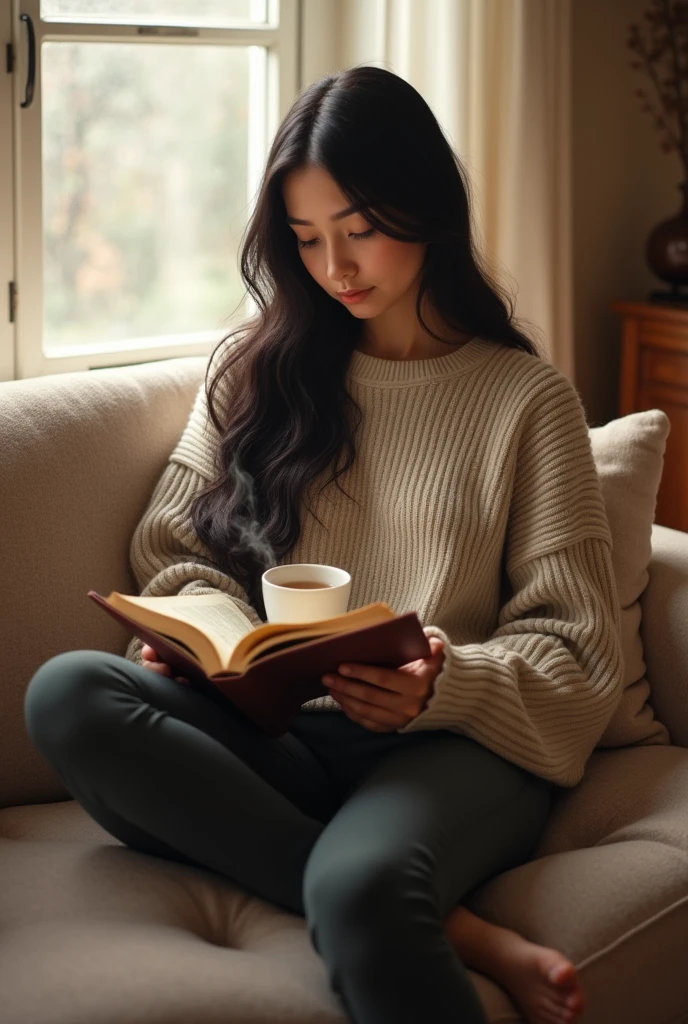 A mid 24 woman with long
black hair, dressed in a cozy sweater
and leggings, sitting cross-legged on
a sofa, reading a book with a cup of
tea beside her. Artistic and Creative
Scenarios