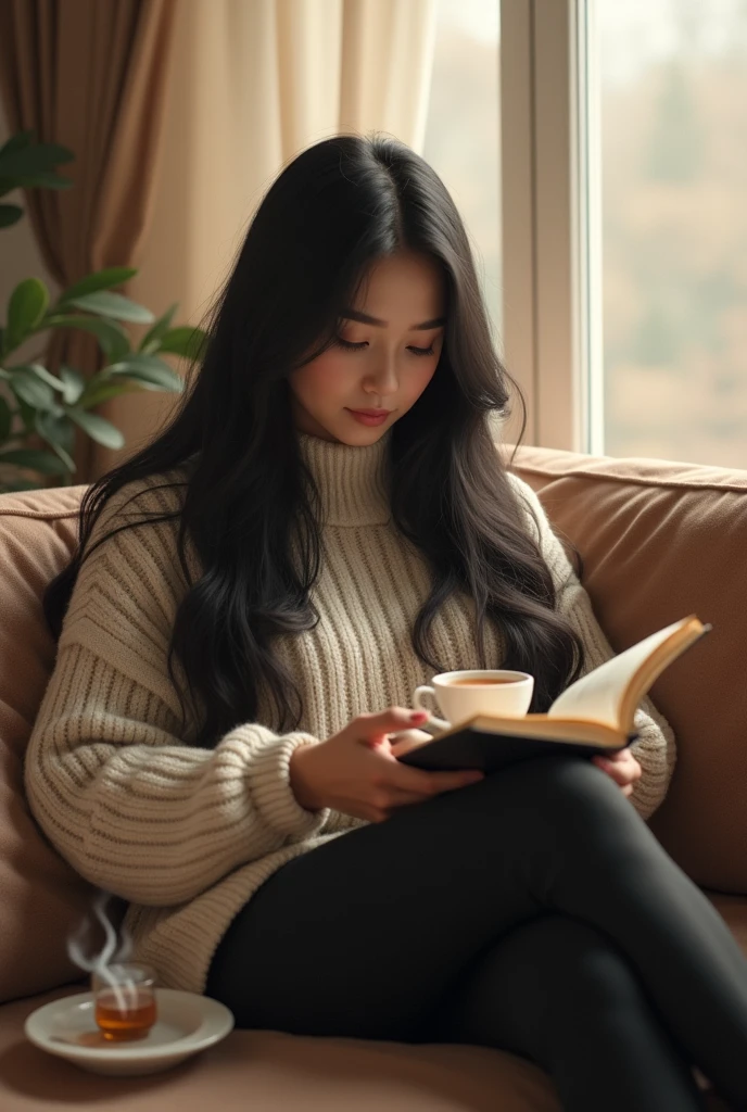 A mid 24 woman with long
black hair, dressed in a cozy sweater
and leggings, sitting cross-legged on
a sofa, reading a book with a cup of
tea beside her. Artistic and Creative
Scenarios