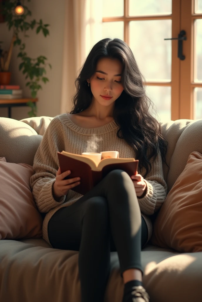 A mid 24 woman with long
black hair, dressed in a cozy sweater
and leggings, sitting cross-legged on
a sofa, reading a book with a cup of
tea beside her. Artistic and Creative
Scenarios