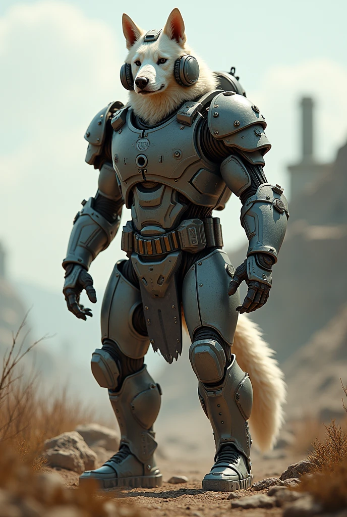 a white pincher with boots and helmet
