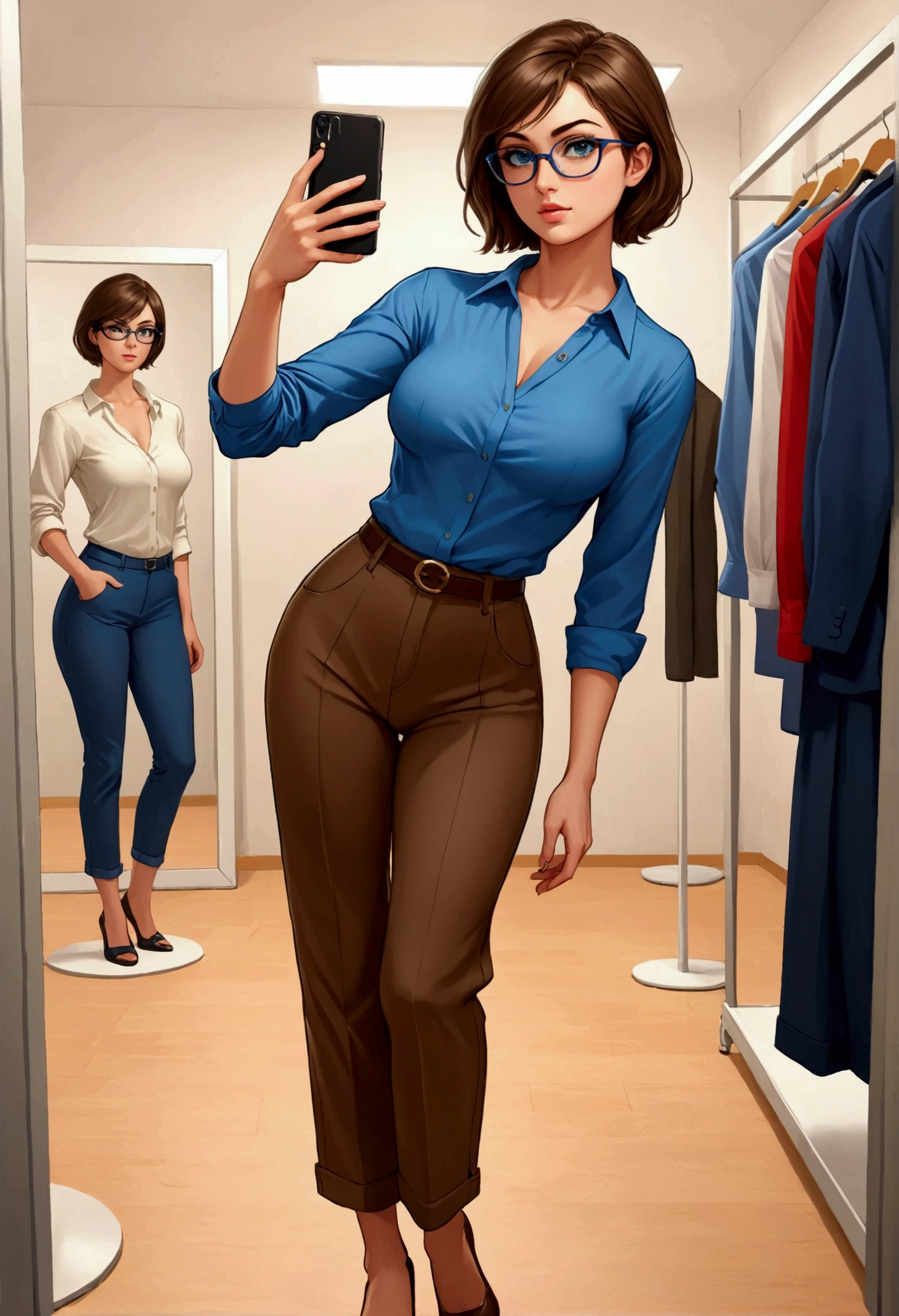 20 years old woman, Short brown hair, Méditerranéenne aux blue eye, Generous and heavy breasts, slender waist, definition of l&#39;estomac, fesses rebondies et pulpeuses, naturally curved, muscular thighs, aguicheuse, fitting room , blue eye, lunettes, wide pants and blouse, talons, Selfie, side view, 