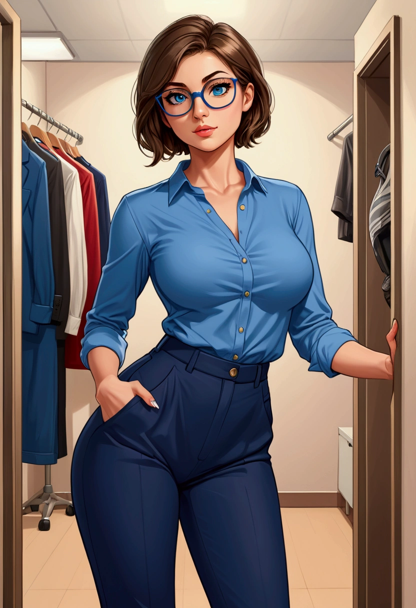 20 years old woman, Short brown hair, Méditerranéenne aux blue eye, Generous and heavy breasts, slender waist, definition of l'estomac, fesses rebondies et pulpeuses, naturally curved, muscular thighs, aguicheuse, fitting room , blue eye, lunettes, wide pants and blouse, talons, Selfie, side view,