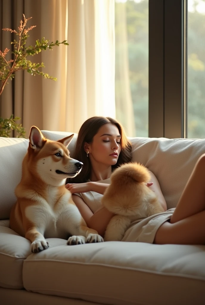 Premium, cozy, and minimalistic image of a sophisticated Brazilian woman sitting on a modern, minimalist sofa in her living room, with her Shiba Inu dog lying contentedly beside her. The room is elegantly designed with clean lines and neutral tones, reflecting the Yomi brand’s commitment to simplicity and sophistication. Soft, golden light from the late afternoon streams in through a large window, casting a warm, inviting glow over the scene. The image is captured at eye level with a Canon EOS R5 and a 50mm f/1.2 lens, focusing on the serene interaction between the woman and her dog. The shallow depth of field subtly blurs the background, emphasizing the peaceful ambiance of the home. The overall tone is warm, with soft shadows and a luxurious contrast, highlighting the textures of the sofa and the softness of the dog’s fur, creating an intimate, emotionally resonant visual that embodies the premium, caring identity of Yomi Pet Shop and Care.