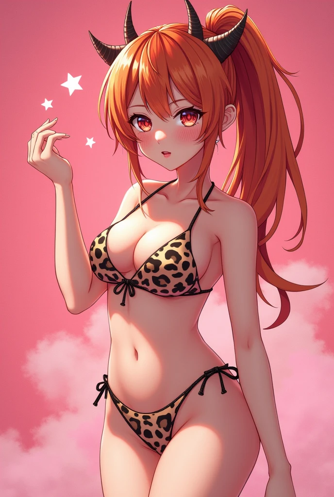 (photorealism:1.2), breathtaking anime girl,masterpiece, perfect face, best quality. expressive eyes,anime girl with ginger pony tail hair wearing a microkini standing on her pink skin, 1girl, solo, lum cosplay, long hair, breasts, star (symbol), swimsuit, bikini, pink background, horns, puckered lips, animal print, medium breasts, looking at viewer, upper body, armpits