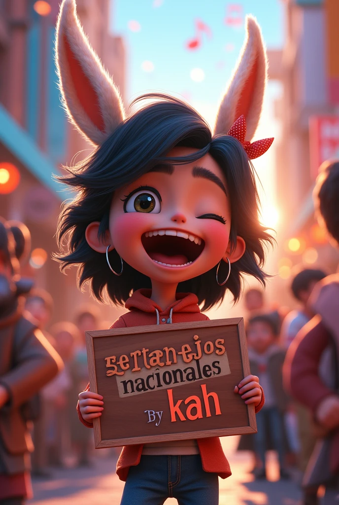 An animated character enjoying music holding a sign saying sertanejos nacionales by kah