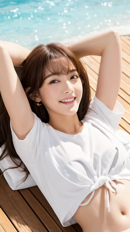 （Vibrant， High resolution：1.3）， 1. Have a perfect body， Highly detailed face and eyes，Long Hair， big ，(White short T-shirt、String,,,Brown Skin、Have sunburn marks、 Sexy pose),Grin, Top shot of a woman lying on her back