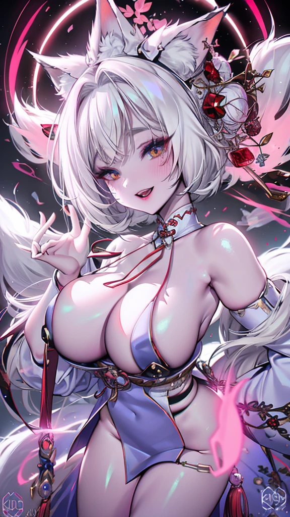 actual, , white hair, big eyes, Smile，open mouth，big breasts，glowing eyes，open lips, blush, daytime，background orc ears，Fox fairy，Kimono decoration，sexy，exposed，charming smile，Half-dressed kimono，white fox ears，White pink fox tail，high thigh slit，，Exquisite background，Mature，red background，Warm colors，red sleeves，Bright colors，white hair，Sense of lens,Lying in bed，Mature women