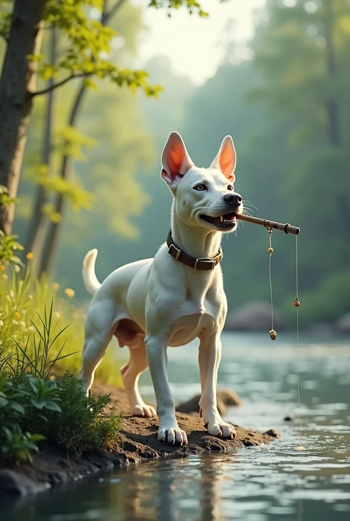 White bull terrier fishing