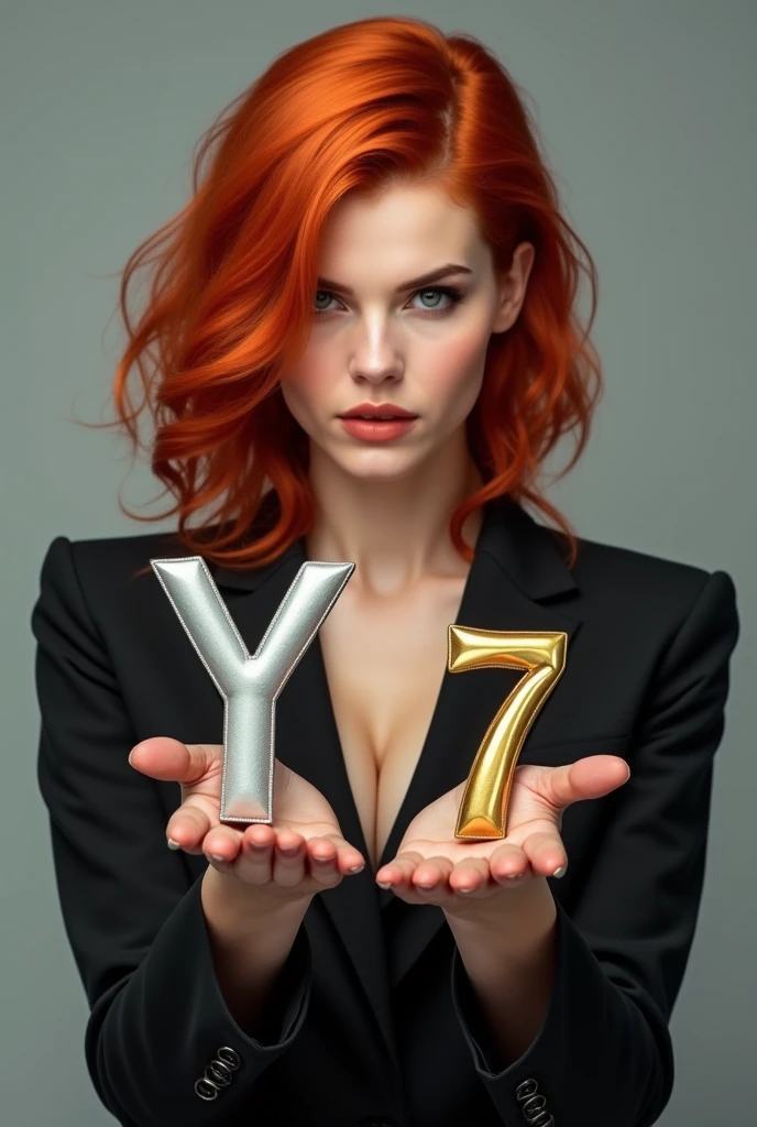 Red-haired woman holding the silver letter Y in her right hand and the golden number 7 in her left hand