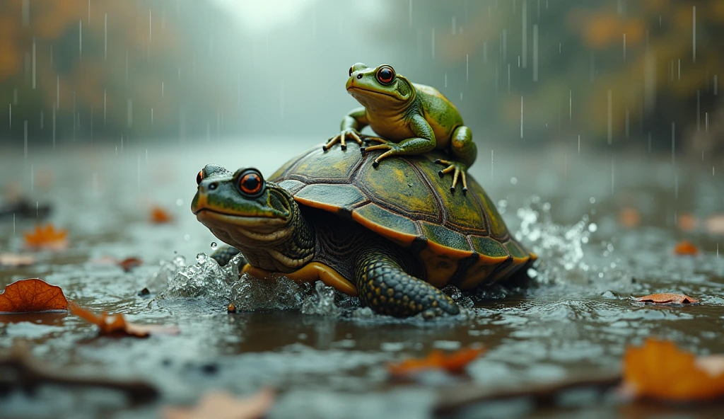 A small turtle carrying a tiny frog on its back across a flooded lake, turbulent lake with debris floating around, showing the turtle's determination and the frog's relief, autumn