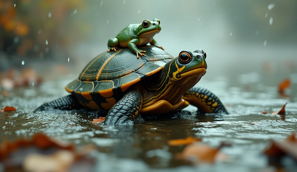 A small turtle carrying a tiny frog on its back across a flooded lake, turbulent lake with debris floating around, showing the turtle's determination and the frog's relief, autumn