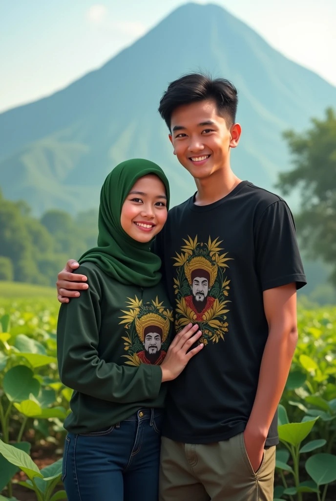 20 year old Indonesian youth with his girlfriend, short haired, black t-shirt with Ponorogo reog image,both of them smiled , facing the camera, tobacco plantation background, a little further away there is a mountain, his lover wears a green hijab,  original
