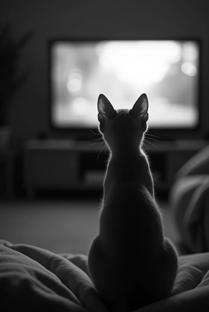 Let's create a gray and white photo of a cat watching a movie