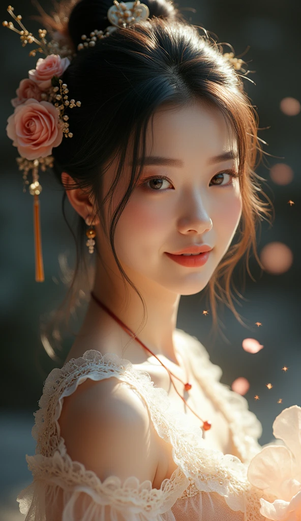 Great quality, masterpiece, High Resolutiupon, One girl, blush, (Captivating smile: 0.8), Star Eyes, chinese hanfu, hair accessory, necklace, jewelry, beauty, upon_body, Tyndall effect, realism, Shadow Room, Light Edge, Two-tupone Lighting, (Skin with attention to detail: 1.2), 8k ウルトラHD, SLR, Soft Light, high quality, Volumetric Lighting, snapshot, High Resolutiupon, 4K, 8k, Background Blur, Light tulle,