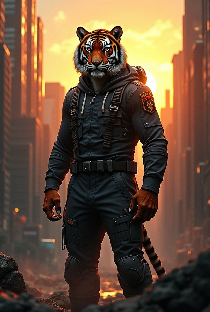 A tiger in pilot suit with terror eye standing between the city at sunset