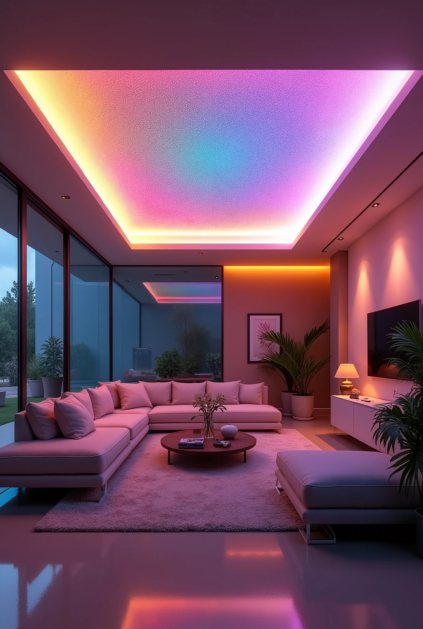 (Extremely detailed CG unity 8k wallpaper),(masterpiece), (best quality), (Extremely detailed), (RGB strip light),Living room ceiling atmosphere