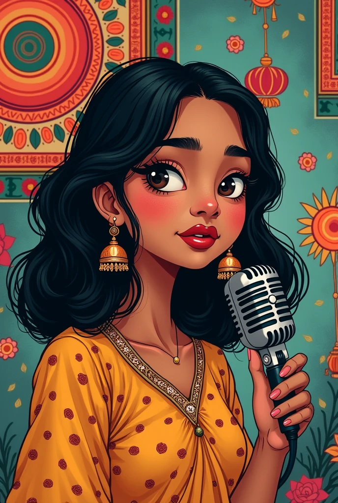 a desi touch, a brown girl with medium thick eyebrows light skin, small nose, small but heavy lower lip and dark shirt hair with jhumka earrings and desi background and icon picture for a podcast with a girl and a mic tim-burton style