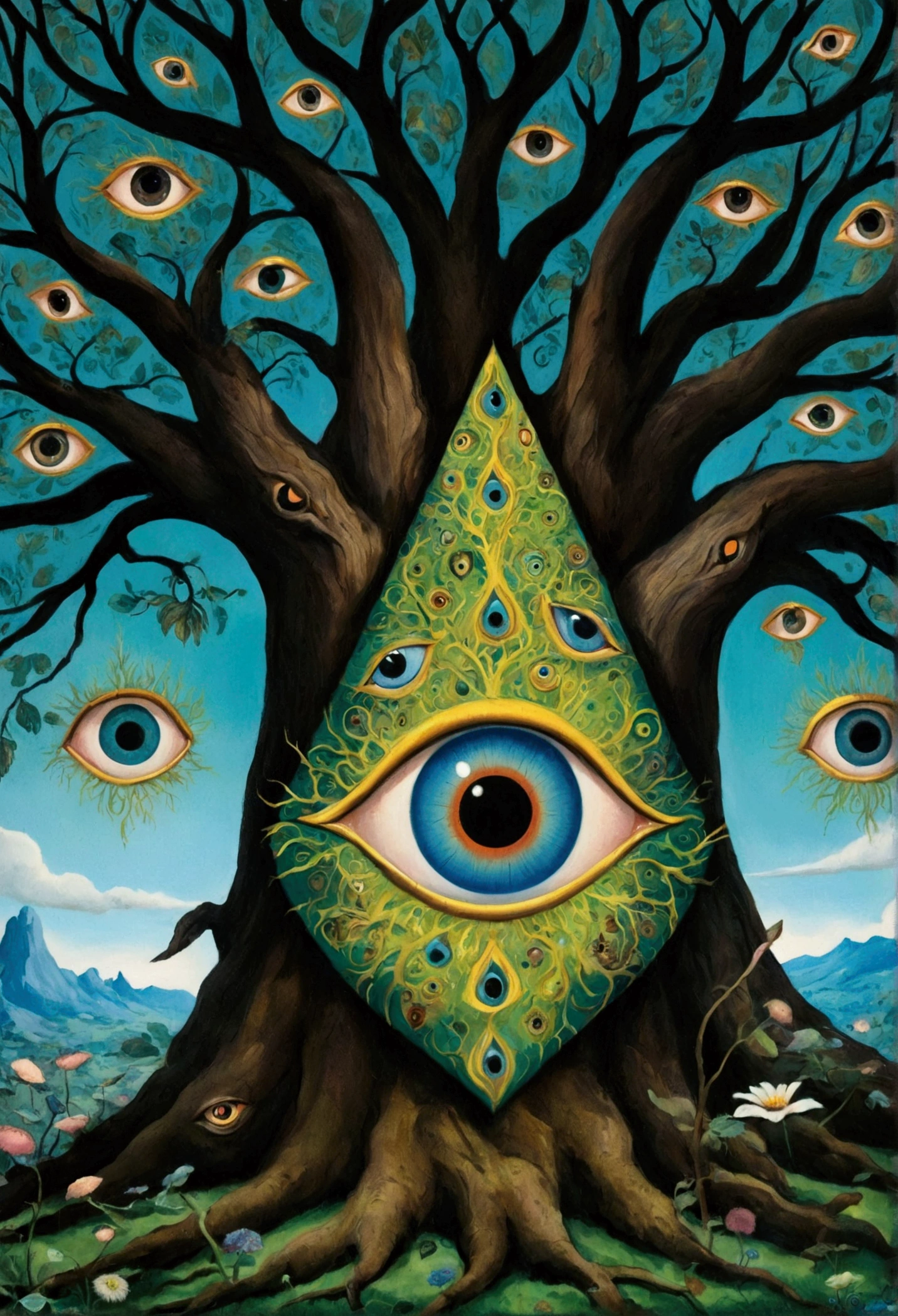A tree is drawn,There is a big eye in the middle of the tree, Justin Gerard's Surrealism, Winner of the Behance competition, Psychedelic Art, The Holy Grail of Brain Tree Eyes, Portrait of a mysterious giant eye, All-Seeing Eye, Psychedelic illustration, The Third Eye的视觉, The Third Eye睛, The Third Eye, Mysterious Eye, All-Seeing Eye, Fantasy painting