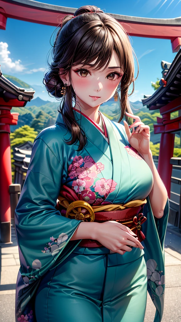 ((1girl, female, European woman, samus aran,pale skin, (brown hair, long brown hair), makeup, pierced ears, jewelry, green kimono, kimono:1.2)),(masterpiece), (((highest quality))), ((Super detailed brown hair)), (16K Highest quality wallpaper:1.4), (Upper Body:1.6), High resolution, Detailed skin texture, Detailed cloth texture, green kimono, Very detailed explanation, (Tmasterpiece), (Highly detailed face:1.2), (Very detailed beautiful brown eyes:1.2), original, RAW Photos, Professional, Intricate details, Super Detail, Direct sunlight:1.6, (Perfect Anatomy:1.4), (Extremely elaborate hands:1.2), (Highly detailed fingers:1.2), (Very dexterous fingers:1.2), (2), Genuine, (alone:1.6), (green kimono with dragon print)), (long flowing green kimono), (Beautiful and well-shaped medium breasts:1.2), (Beautiful and shapely butt), (Clear brown eyes that shine beautifully in every detail:1.6), (Very delicate and detailed brown eyes:1.2), (Highly detailed face:1.4), (smile:1.3), (blush:1.2), (facing viewer, looking forward,) break, (Japan shrine, Colorful and divine々Beautiful traditional shrine maiden costume:1.4), (Traditional Japanese clothing:1.2) break (Highly detailed and beautiful Ise Shrine in Mie Prefecture just after noon in spring in the background:1.6), Ise Shrine:1.2, Torii gate of Ise Shrine:1.2,  The precincts of Ise Shrine:1.2, Very beautiful against the clear sky after noon.:1.2, ((green kimono))