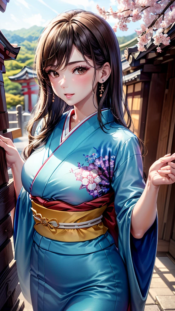 ((1girl, female, European woman, samus aran,pale skin, (brown hair, long brown hair), makeup, pierced ears, jewelry, green kimono, kimono:1.2)),(masterpiece), (((highest quality))), ((Super detailed brown hair)), (16K Highest quality wallpaper:1.4), (Upper Body:1.6), High resolution, Detailed skin texture, Detailed cloth texture, green kimono, Very detailed explanation, (Tmasterpiece), (Highly detailed face:1.2), (Very detailed beautiful brown eyes:1.2), original, RAW Photos, Professional, Intricate details, Super Detail, Direct sunlight:1.6, (Perfect Anatomy:1.4), (Extremely elaborate hands:1.2), (Highly detailed fingers:1.2), (Very dexterous fingers:1.2), (2), Genuine, (alone:1.6), (green kimono with dragon print)), (long flowing green kimono), (Beautiful and well-shaped medium breasts:1.2), (Beautiful and shapely butt), (Clear brown eyes that shine beautifully in every detail:1.6), (Very delicate and detailed brown eyes:1.2), (Highly detailed face:1.4), (smile:1.3), (blush:1.2), (facing viewer, looking forward,) break, (Japan shrine, Colorful and divine々Beautiful traditional shrine maiden costume:1.4), (Traditional Japanese clothing:1.2) break (Highly detailed and beautiful Ise Shrine in Mie Prefecture just after noon in spring in the background:1.6), Ise Shrine:1.2, Torii gate of Ise Shrine:1.2,  The precincts of Ise Shrine:1.2, Very beautiful against the clear sky after noon.:1.2, ((green kimono))