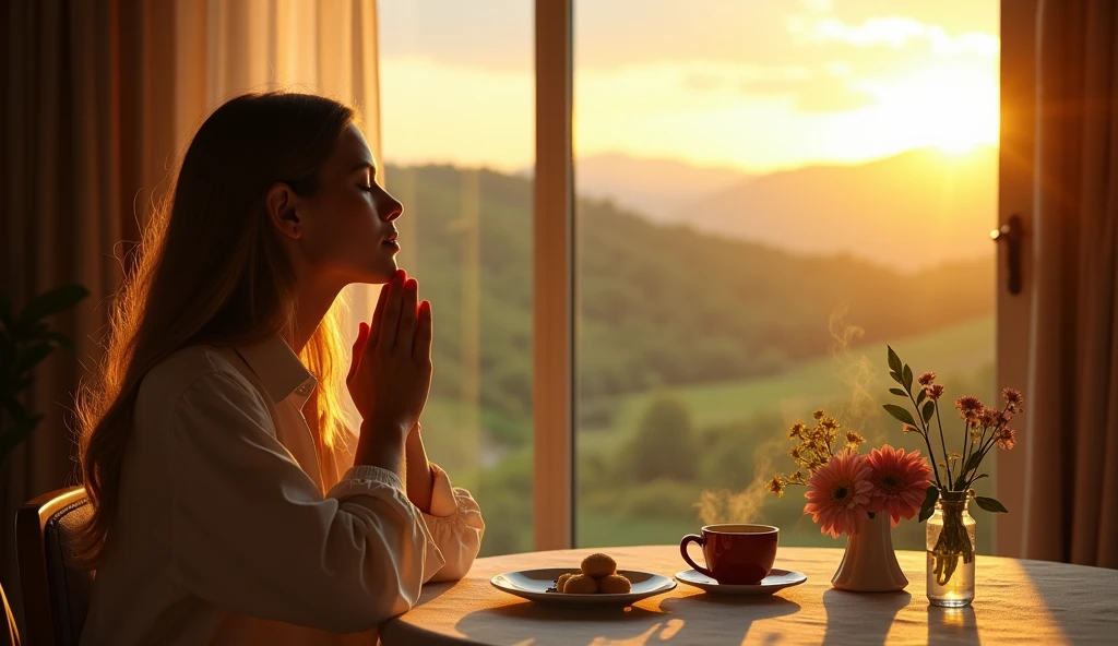 an image closeup of a woman in prayer having breakfast in front of a window at home with a beautiful landscape outside. yellow tones