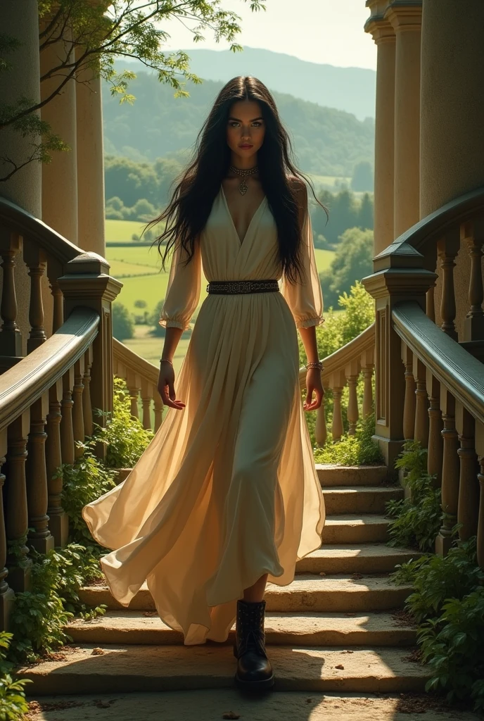 Black haired woman walking down the stairs of a beautiful mansion in the countryside. with long black hair, long skirt, long boots with a country style, a choker, Green eyes and a slim and beautiful body 