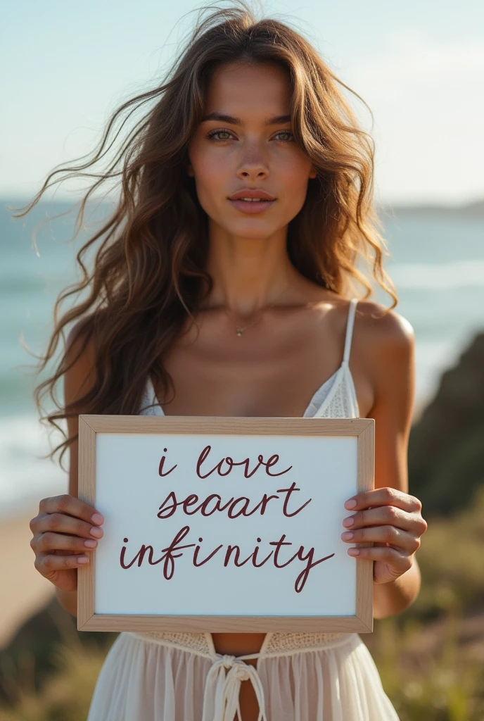 Beautiful girl with wavy long hair, bohemian dress, holding a white board with text "I Love Seaart Infinity" and showing it to the viewer, nude image with boobs and asss