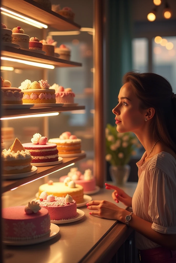 Looking at the delicious cakes at the cake shop