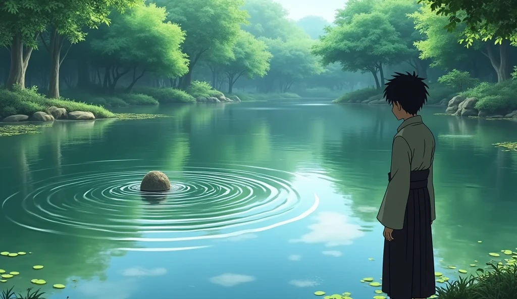The pond's surface after Master Koji has tossed the stone into the water. Ripples spread outwards from where the stone entered, distorting the clear reflection of the trees and sky. Hiro stands beside Master Koji, watching the ripples with a confused expression. The surrounding garden is lush and green, with the tranquility of the scene momentarily disrupted by the ripples. Soft light filters through the trees, adding to the serene yet contemplative mood of the scene."