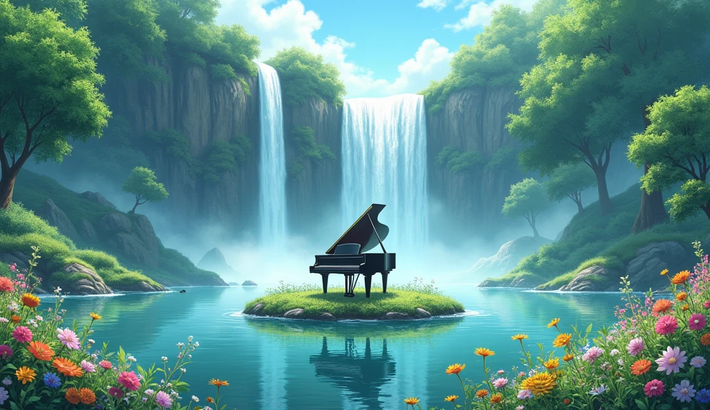This image is、I draw tranquil natural scenery.。In the center is a grand piano placed on the island.、A waterfall cascades in the background.、Lush tree々It is surrounded by。In the foreground there are colorful flowers、The soft light of early morning or evening envelops the whole.。This scene、It creates a peaceful and magical atmosphere.。Fantastic watercolor style。Makoto Shinkai-style anime。Green foliage tree