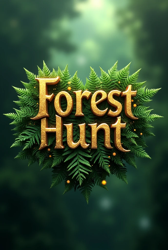 Create logo with the word Forest Hunt in a mystic & fantasy style with glitter flying around. Font should be elegant sharp golden and beautiful with enchanted vibe with ferns sprouting from behind the text. Imag should be 3d