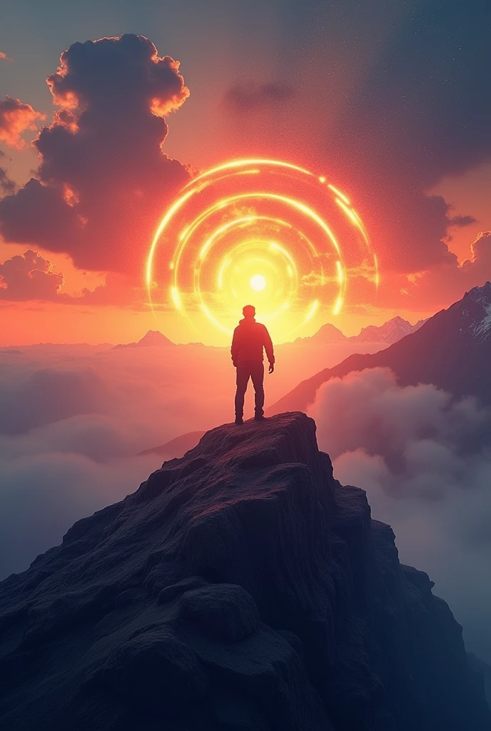 (best quality, masterpiece, ultra detailed), A powerful image of a lone figure standing on a mountaintop, shouting into the vast sky. The figure's voice is depicted as sound waves radiating outward, blending with the colors of the sunset. This image represents the individual's resolve and the impact of their voice on the world.