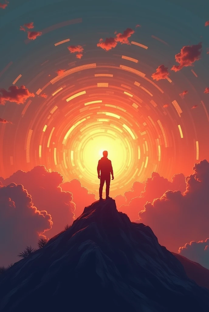 (best quality, masterpiece, ultra detailed), A powerful image of a lone figure standing on a mountaintop, shouting into the vast sky. The figure's voice is depicted as sound waves radiating outward, blending with the colors of the sunset. This image represents the individual's resolve and the impact of their voice on the world.