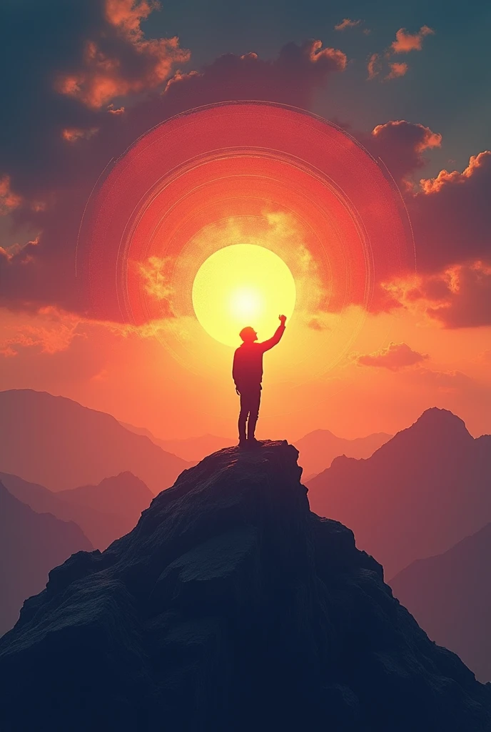 (best quality, masterpiece, ultra detailed), A powerful image of a lone figure standing on a mountaintop, shouting into the vast sky. The figure's voice is depicted as sound waves radiating outward, blending with the colors of the sunset. This image represents the individual's resolve and the impact of their voice on the world.