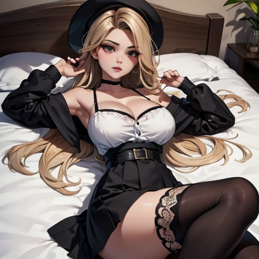 lying face down on the bed, (masterpiece, best quality:1.4), absurdres, highres, ultra detailed, beautiful, (secretary), (perfect face, detailed face, beautiful:1.3),(natural breasts, cleavage), collarbone, fingerless gloves, gloves,spaghetti strap top, black pencil skirt, tight, over the knee skirt, hat, elegant secretary outfit, thighhighs, thick thighs, thighs, multiple belts, More detailed 8K.motor irreal:1.4,UHD,La mejor calidad:1.4, fotorrealista:1.4, textura de la piel:1.4, obra maestra:1.8,obra-prima, mejor calidad,objeto Objeto], (detailed face features:1.3),(manos detailed)