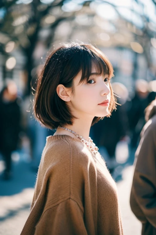 Film Pellets,Young people,One person,profile, whole body,jewelry, necklace, Realistic, Brown Hair, Blurred background, Blurred,bangs, Iris,Japan,fashion,indoor,whole bodyを撮影,Selfie in front of the mirror,Casual dress,Bobcut,White wall,Taken in a closet at home,hide your face on your smartphone,Selfie with smartphone