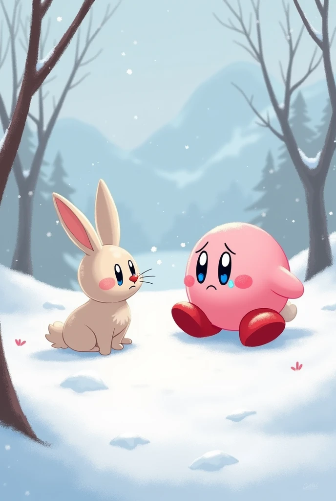 Kirby and Rabbit are talking in the snow. Kirby is crying and Rabbit is saying &#39;Dome fool&#39;.