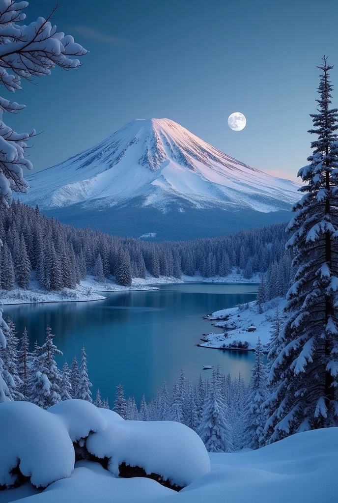 snowy landscape, Monte. Fuji, lake, full moon, light snow,
