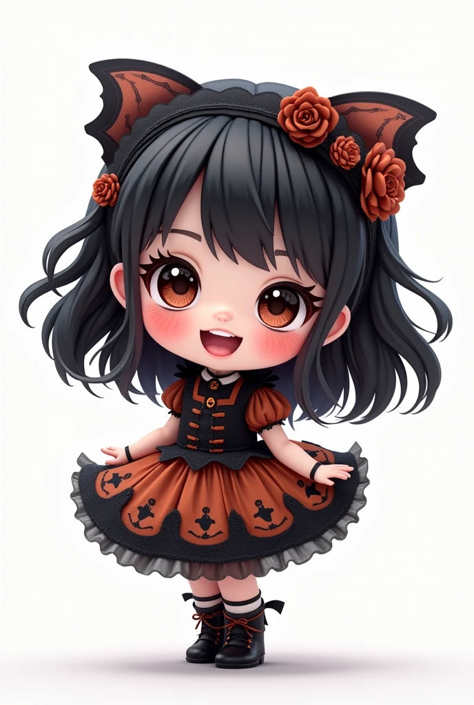 Full length, Highly detailed, head to toe view, 3D chibi gothic style character illustration of a happy little baby goth girl with black hair, asian skin and large glassy brown eyes with long eyelashes wearing a halloween dress and accessories, extreme textures and details, 64K, white background