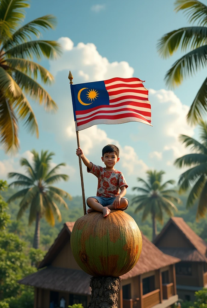 (Photorealism 1.2) best quality 4k high definition realistic super high .boy waving Malaysia flag at the top of coconut tree Malay kampung scenery