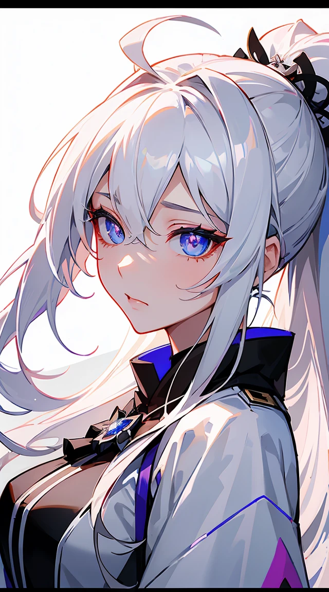 ((Best quality at best)), (hyper-detailing), ((hyper HD)), (High quality face shape), (((tmasterpiece))), A woman who is, kiana kaslana \(honkai impact 3rd\), herrscher of finality, white hair, ahoge, ponytail, very long hair, blue eyes, slit pupils, purple pupils, skiny skin, Hidden double eyelids, On makeup, ((The beautiful)), (oversize clothes), white color hair, japanes, mediuml breasts, Emotions, emotions, ((sad)), (sentimental)), The scene is, sportrait, the golden ratio, inked, aquarel, Drop ink, hight contrast