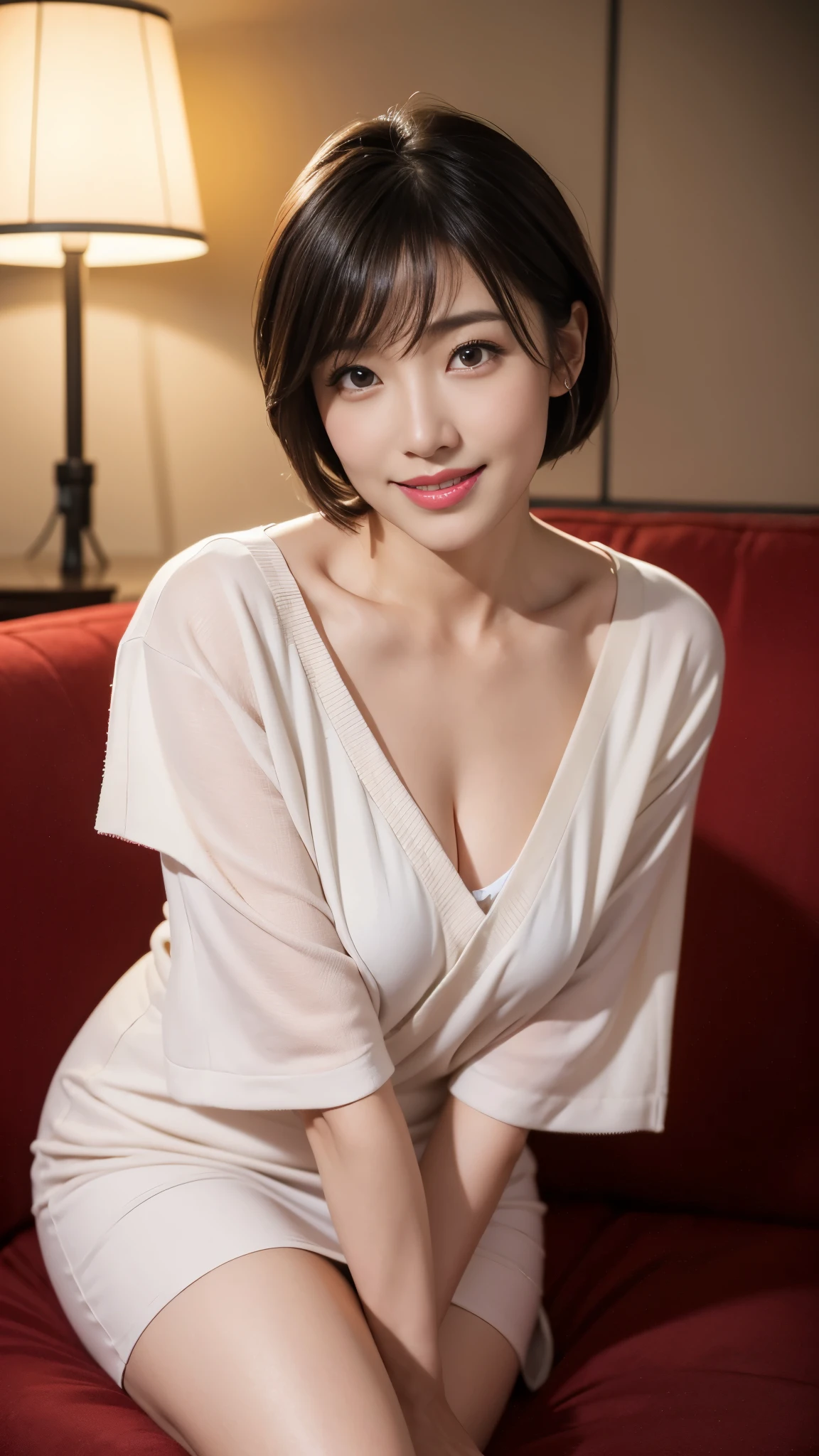 Portrait, 8k, high quality, realistic photo image, 44 yrs-. Age, Japanese woman, neat wife, housewife, natural and realistic eyes, Japanese standing, beautiful black hair, short hair, light makeup, accurate rendering, beautiful lighting, golden ratio composition, laughter, 4, Japanese woman, neat wife, housewife, natural and realistic eyes. Hair, light makeup, octane rendering, beautiful lighting, golden ratio composition, laughter, normal clothes, casual clothes, luxury city hotel, hotel room, sitting on sofa, wearing red heels, blurred background, high quality, pure Japanese style, beautiful wife, upper body, light makeup, no makeup. Makeup, neat, plain, red, purple, blue, plain, plain clothes, smiling, black eyes, background blurring.
