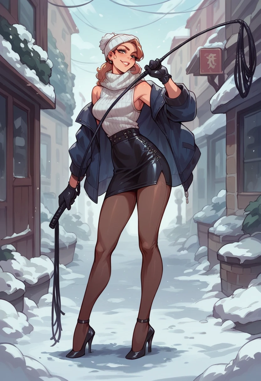 Sexy woman with English style and gloves and pantyhose with high heels in winter street with whip
