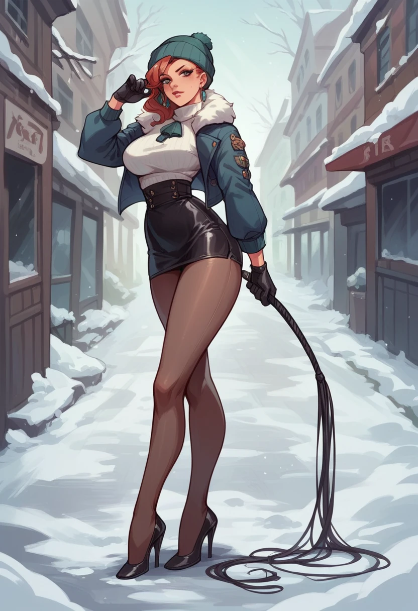 Sexy woman with English style and gloves and pantyhose with high heels in winter street with whip