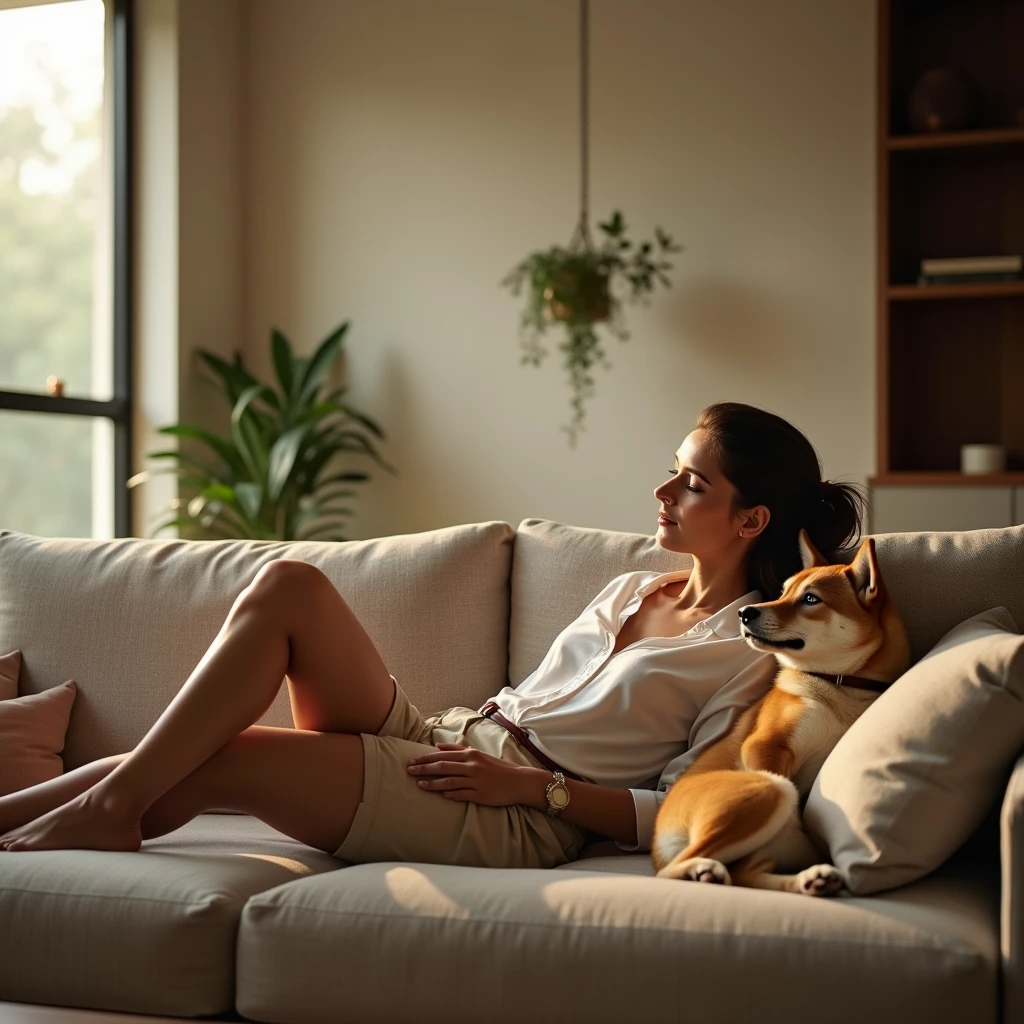 Premium, cozy, and minimalistic image of a sophisticated Brazilian woman sitting on a modern, minimalist sofa in her living room, with her Shiba Inu dog lying contentedly beside her. The room is elegantly designed with clean lines and neutral tones, reflecting the Yomi brand’s commitment to simplicity and sophistication. Soft, golden light from the late afternoon streams in through a large window, casting a warm, inviting glow over the scene. The image is captured at eye level with a Canon EOS R5 and a 50mm f/1.2 lens, focusing on the serene interaction between the woman and her dog. The shallow depth of field subtly blurs the background, emphasizing the peaceful ambiance of the home. The overall tone is warm, with soft shadows and a luxurious contrast, highlighting the textures of the sofa and the softness of the dog’s fur, creating an intimate, emotionally resonant visual that embodies the premium, caring identity of Yomi Pet Shop and Care.